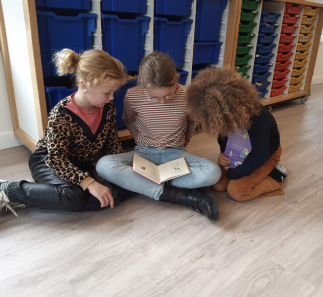 Een foto van tutorlezen. Een oudere leerling helpt en jongere bij het lezen.